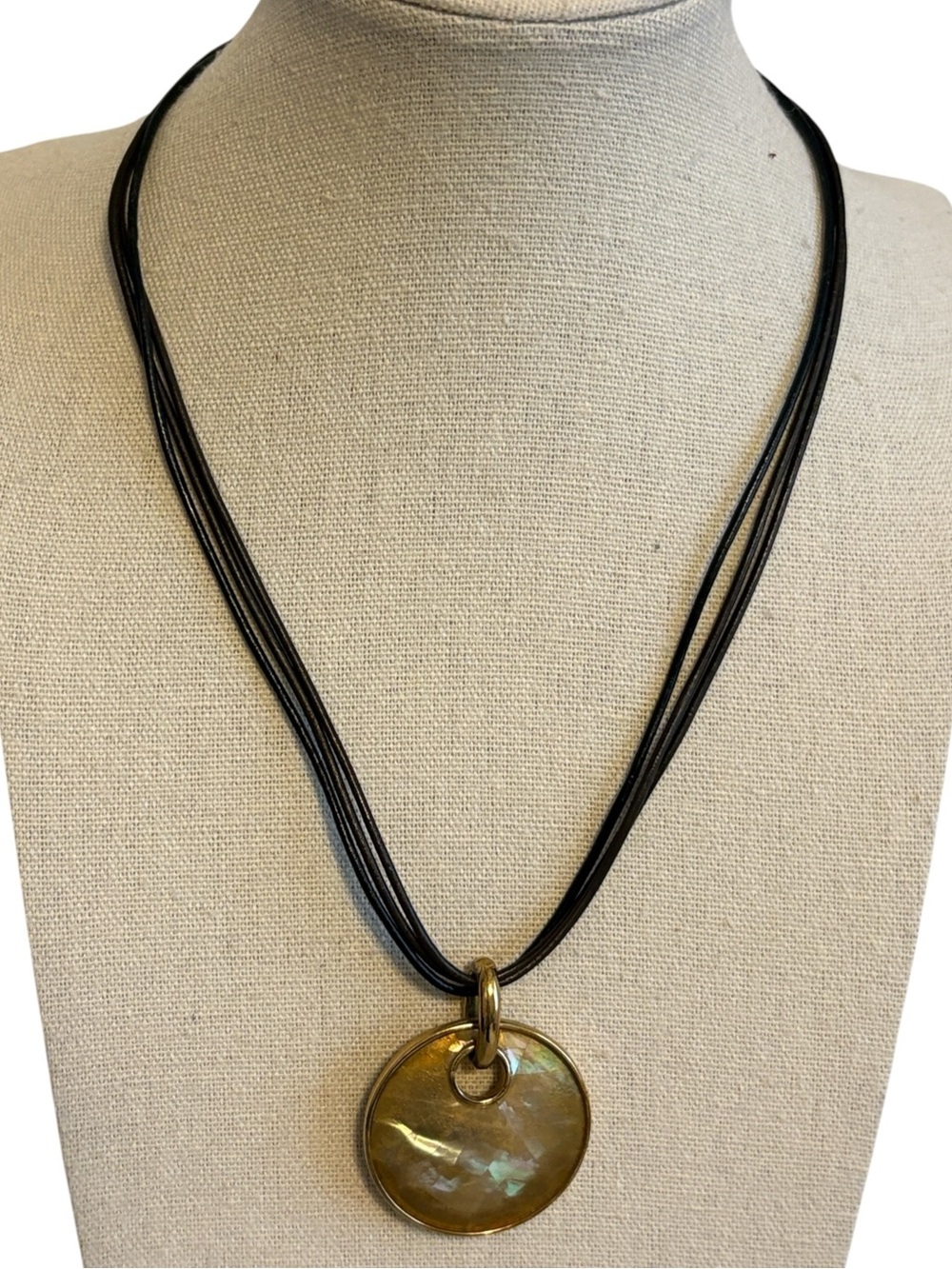 Lia Sophia Iridescent Shell Pendant Necklace Multi Strand Cord Gold Tone